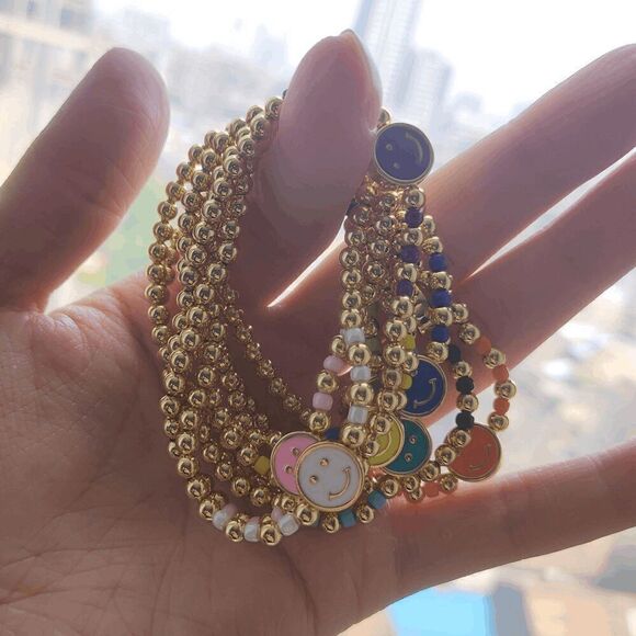 Gold Plated Beaded Smiley Bracelet - Neon Green - Picture 2 of 3